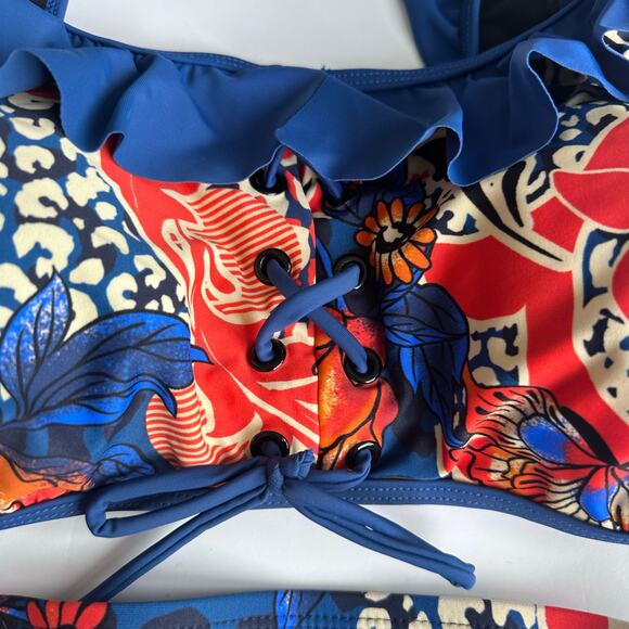 Ulla Popken Mixed Print Ruffle Lace-Up Front Lined Bikini Set - Picture 7 of 9
